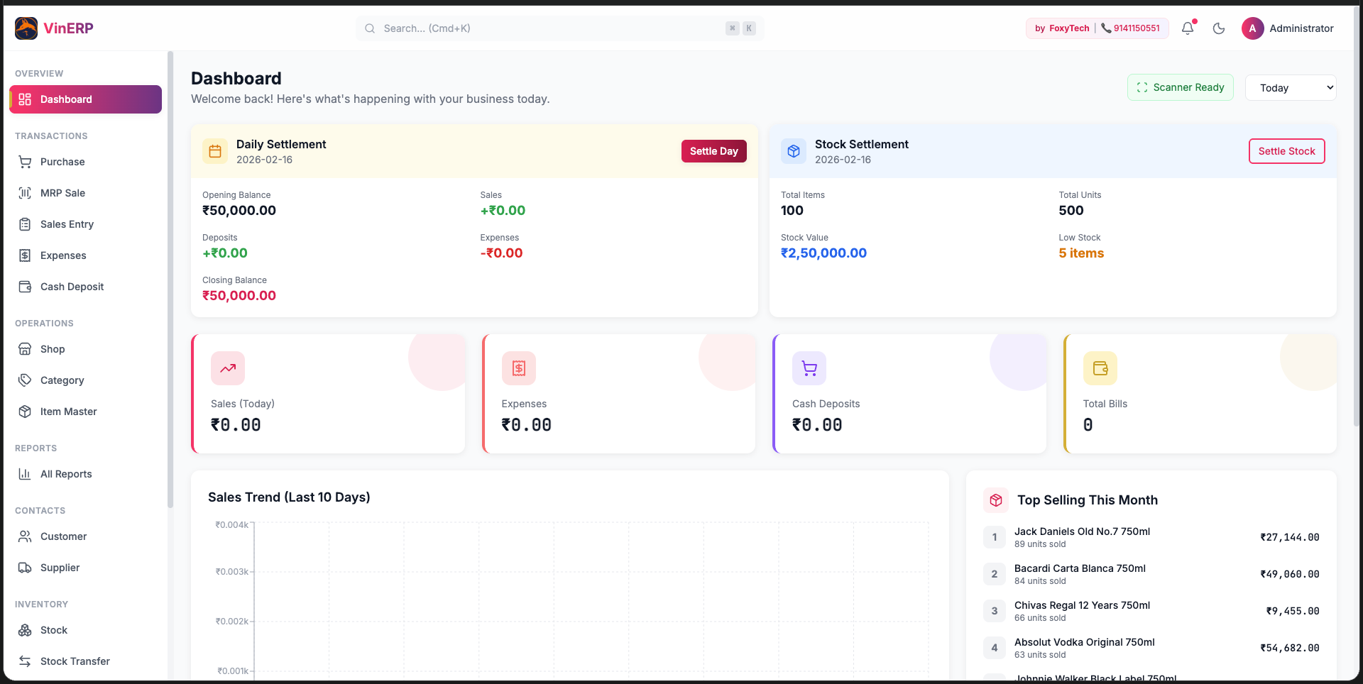 VinERP Dashboard — Wine & Liquor Store ERP System by FoxyTech